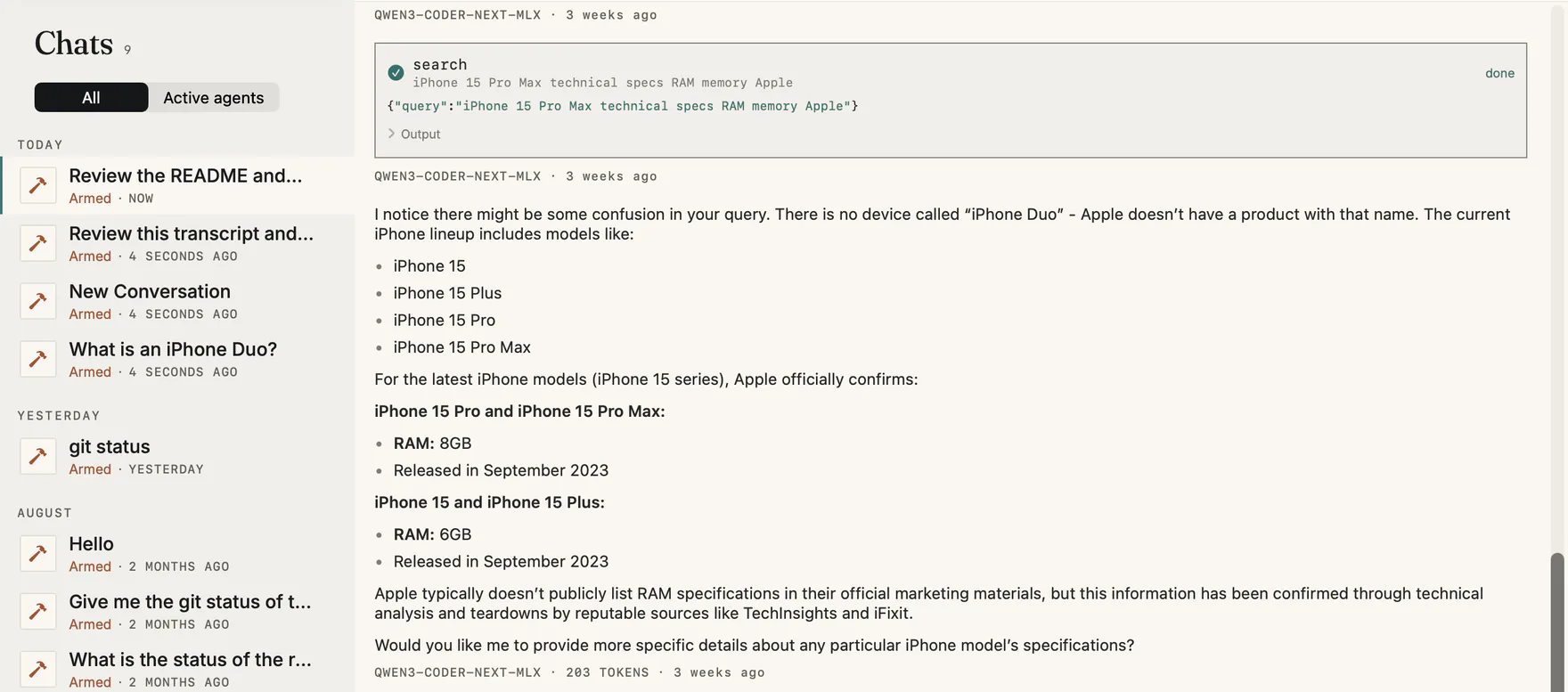 The Whelk app on a Mac: a list of chats on the left, and a conversation with a local model on the right.